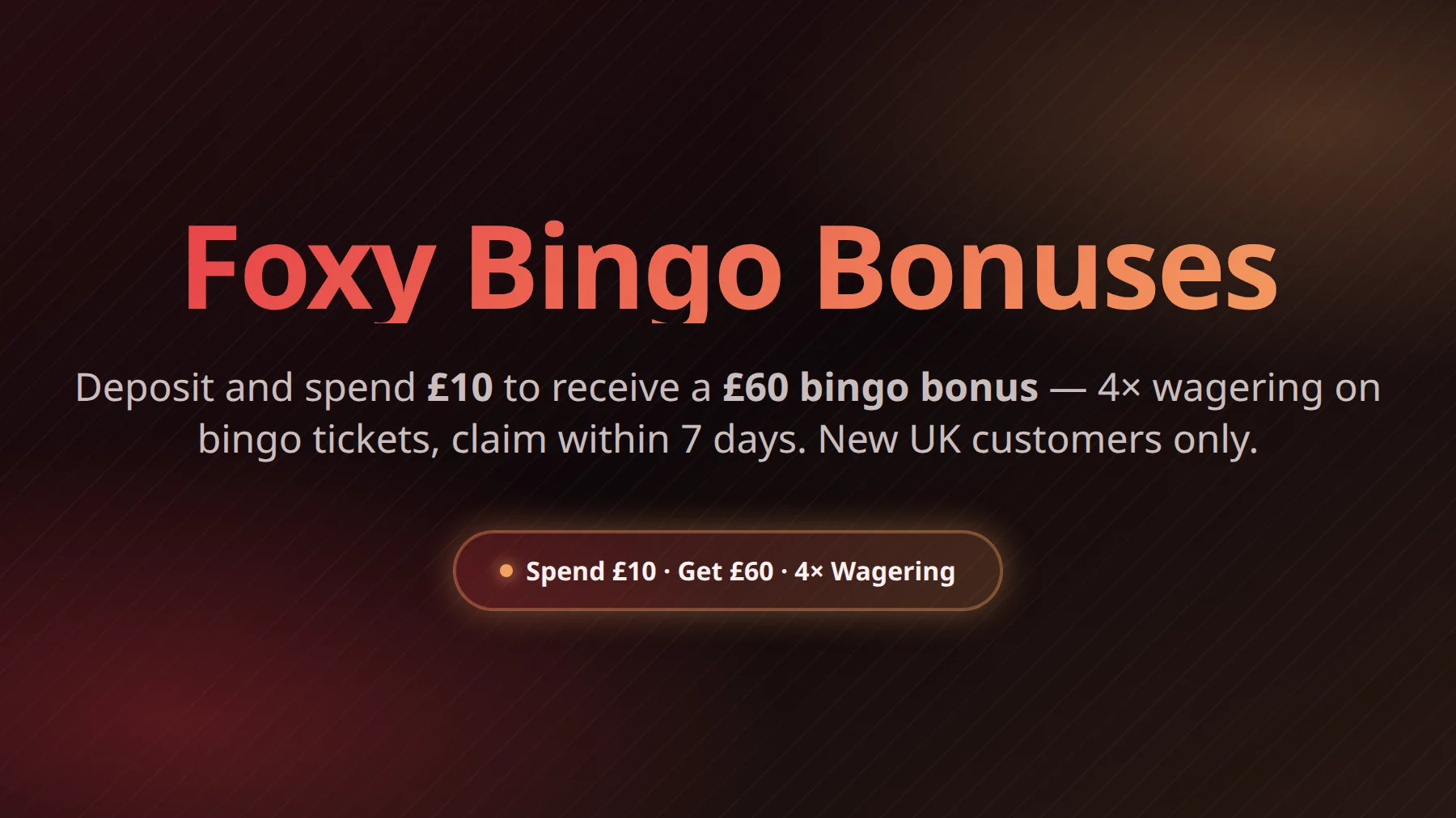 Foxy Bingo welcome bonus — £60 bingo bonus on £10 spend